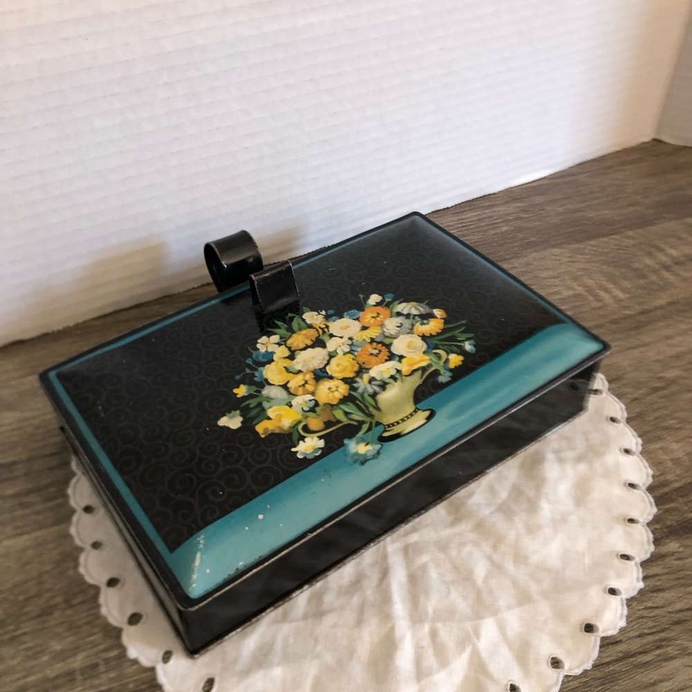 Vtg Black and Teal Floral Metal Decorative Box